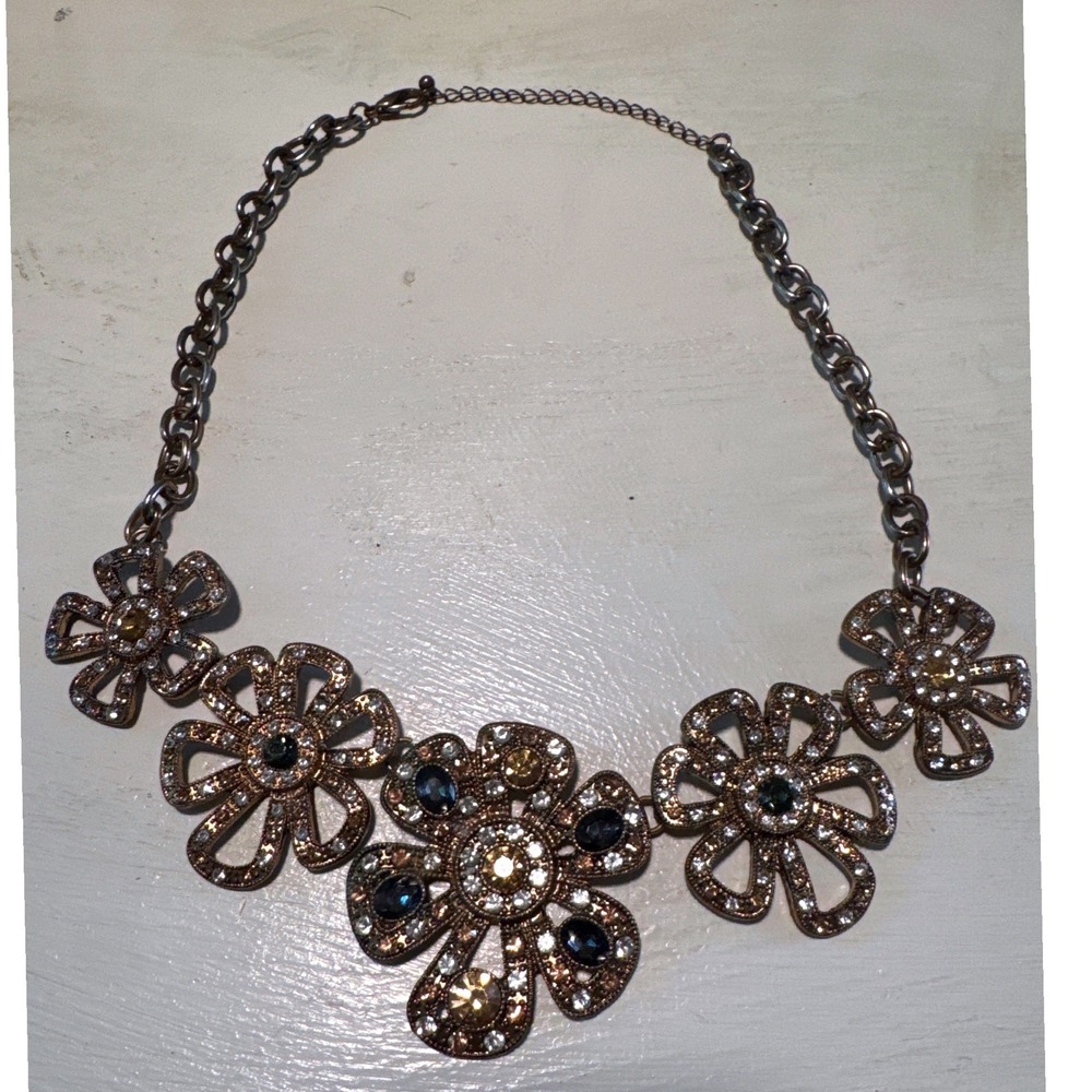 Unbranded Flower Bib Necklace Bronze Excellent Rhinestone Statement
